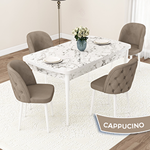 Jae Serisi 80x132 Açılabilir Beyaz Mermer Desen Mutfak Masası Takımı Ve 4 Cappucino Sandalye Cappucino