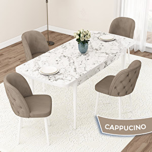 Jae Serisi 80x132 Açılabilir Beyaz Mermer Desen Mutfak Masası Takımı Ve 4 Cappucino Sandalye Cappucino