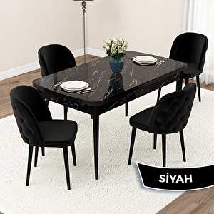 Jae Serisi 80x132 Açılabilir Siyah Mermer Desen Mutfak Masası Takımı Ve 4 Siyah Sandalye Siyah