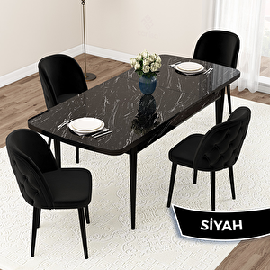 Jae Serisi 80x132 Açılabilir Siyah Mermer Desen Mutfak Masası Takımı Ve 4 Siyah Sandalye Siyah