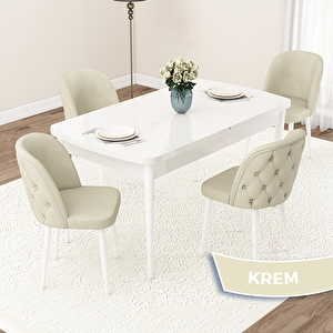 Jae Serisi 80x132 Açılabilir Beyaz Mutfak Masası Takımı Ve 4 Krem Sandalye Krem