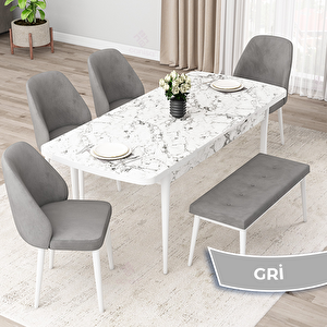 Orf Serisi 80x132 Açılabilir Beyaz Mermer Desen Mutfak Masası Takımı Ve 4 Gri Sandalye Ve 1 Bench Gri