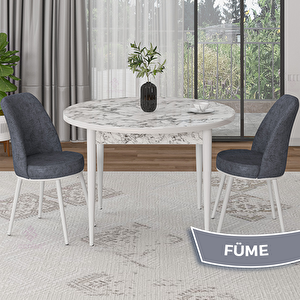 Tor Serisi Yuvarlak Beyaz Mermer Desen Mutfak Masası Takımı Ve 2 Füme Sandalye Füme