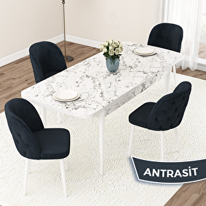 Jae Serisi 80x132 Açılabilir Beyaz Mermer Desen Mutfak Masası Takımı Ve 4 Antrasit Sandalye Antrasit