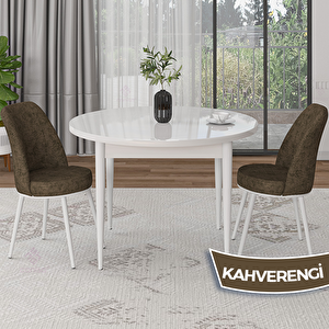 Tor Serisi Yuvarlak Beyaz Mutfak Masası Takımı Ve 2 Kahverengi Sandalye Kahverengi