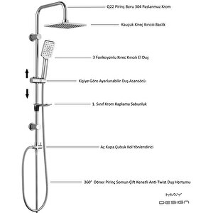 Eca Purity Banyo Bataryası+t-may Banyo Belen Kare Tepe Duş Takımı Seti Paslanmaz Krom