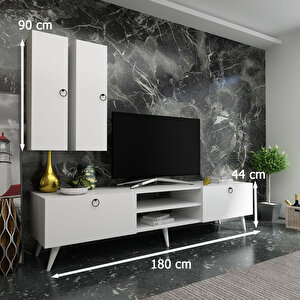 İdeal Tv Ünitesi + Duvar Raf Ve Duvar Dolaplı Q7022-1 Beyaz