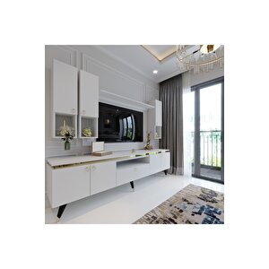 Modern Tv Sehpasi Gold Üçgen Kulp Kepli̇ G9024-1 Beyaz 35 Cm Deri̇nli̇k