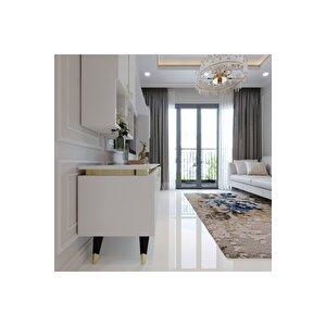 Modern Tv Sehpasi Gold Üçgen Kulp Kepli̇ G9024-1 Beyaz 35 Cm Deri̇nli̇k
