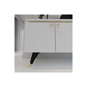 Modern Tv Sehpasi Gold Üçgen Kulp Kepli̇ G9024-1 Beyaz 35 Cm Deri̇nli̇k
