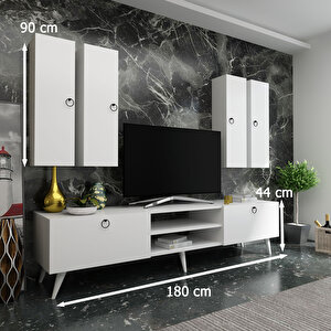 İdeal Tv Ünitesi + Duvar Raf Ve Duvar Dolaplı Q7021-1 Beyaz