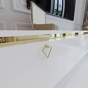Modern Tv Sehpasi Gold Üçgen Kulp Kepli̇ G8025-1 Beyaz 35 Cm Deri̇nli̇k