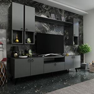 İdeal Tv Ünitesi + Duvar Raf Ve Duvar Dolaplı Q7024-4 Antrasit