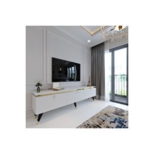 Modern Tv Sehpasi Gold Üçgen Kulp Kepli̇ G9107-1 Beyaz 35 Cm Deri̇nli̇k