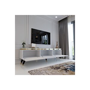 Modern Tv Sehpasi Gold Üçgen Kulp Kepli̇ G9107-1 Beyaz 35 Cm Deri̇nli̇k