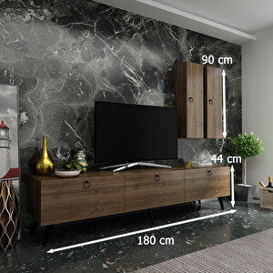 İdeal Tv Ünitesi + Duvar Raf Ve Duvar Dolaplı Q7019-2 Ceviz