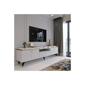 Modern Tv Sehpasi Gold Üçgen Kulp Kepli̇ G0m24-1 Beyaz 35 Cm Deri̇nli̇k