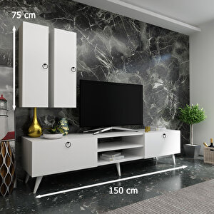 İdeal Tv Ünitesi + Duvar Raf Ve Dolaplı Q7822-1 Beyaz