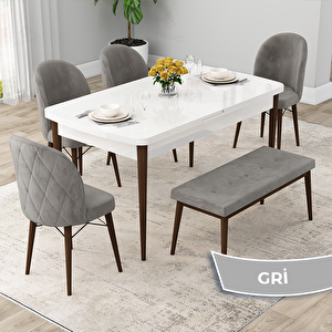 Rut Serisi 80x132 Açılabilir Beyaz Masa Ceviz Ayak Mutfak Masası Takımı Ve 4 Gri Sandalye Ve 1 Bench Gri