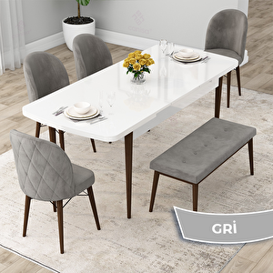 Rut Serisi 80x132 Açılabilir Beyaz Masa Ceviz Ayak Mutfak Masası Takımı Ve 4 Gri Sandalye Ve 1 Bench Gri
