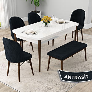 Rut Serisi 80x132 Açılabilir Beyaz Masa Ceviz Ayak Mutfak Masası Takımı Ve 4 Antrasit Sandalye Ve 1 Bench Antrasit