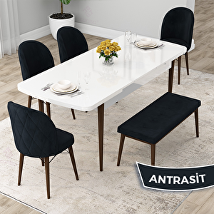 Rut Serisi 80x132 Açılabilir Beyaz Masa Ceviz Ayak Mutfak Masası Takımı Ve 4 Antrasit Sandalye Ve 1 Bench Antrasit