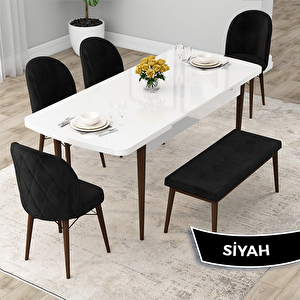 Rut Serisi 80x132 Açılabilir Beyaz Masa Ceviz Ayak Mutfak Masası Takımı Ve 4 Siyah Sandalye Ve 1 Bench Siyah