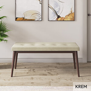 Rut Serisi 80x132 Açılabilir Beyaz Masa Ceviz Ayak Mutfak Masası Takımı Ve 4 Krem Sandalye Ve 1 Bench
