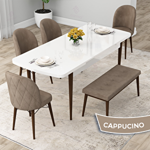 Rut Serisi 80x132 Açılabilir Beyaz Masa Ceviz Ayak Mutfak Masası Takımı Ve 4 Cappucino Sandalye Ve 1 Bench Cappucino