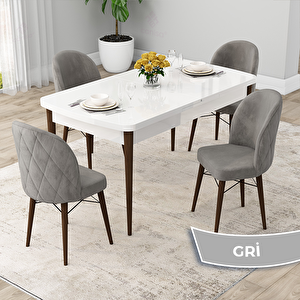 Rut Serisi 80x132 Açılabilir Beyaz Masa Ceviz Ayak Mutfak Masası Takımı Ve 4 Gri Sandalye Gri