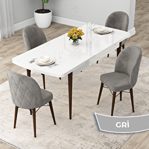 Rut Serisi 80x132 Açılabilir Beyaz Masa Ceviz Ayak Mutfak Masası Takımı Ve 4 Gri Sandalye Gri