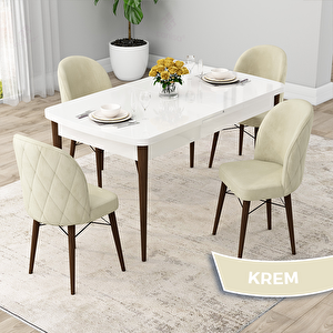 Rut Serisi 80x132 Açılabilir Beyaz Masa Ceviz Ayak Mutfak Masası Takımı Ve 4 Krem Sandalye Krem