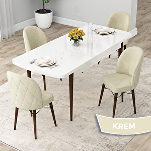 Rut Serisi 80x132 Açılabilir Beyaz Masa Ceviz Ayak Mutfak Masası Takımı Ve 4 Krem Sandalye Krem