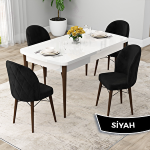 Rut Serisi 80x132 Açılabilir Beyaz Masa Ceviz Ayak Mutfak Masası Takımı Ve 4 Siyah Sandalye Siyah