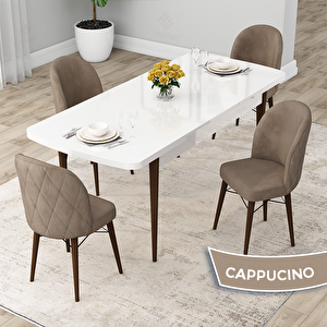 Rut Serisi 80x132 Açılabilir Beyaz Masa Ceviz Ayak Mutfak Masası Takımı Ve 4 Cappucino Sandalye Cappucino