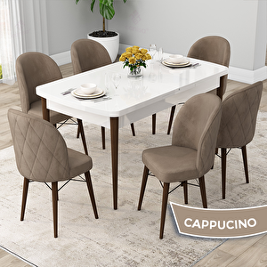 Rut Serisi 80x132 Açılabilir Beyaz Masa Ceviz Ayak Mutfak Masası Takımı Ve 6 Cappucino Sandalye Cappucino