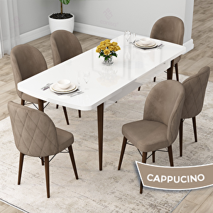 Rut Serisi 80x132 Açılabilir Beyaz Masa Ceviz Ayak Mutfak Masası Takımı Ve 6 Cappucino Sandalye Cappucino