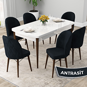 Rut Serisi 80x132 Açılabilir Beyaz Masa Ceviz Ayak Mutfak Masası Takımı Ve 6 Antrasit Sandalye Antrasit