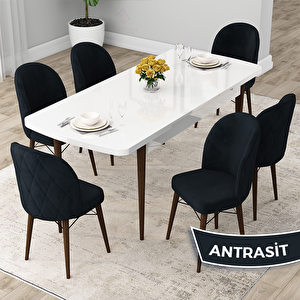 Rut Serisi 80x132 Açılabilir Beyaz Masa Ceviz Ayak Mutfak Masası Takımı Ve 6 Antrasit Sandalye Antrasit