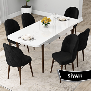 Rut Serisi 80x132 Açılabilir Beyaz Masa Ceviz Ayak Mutfak Masası Takımı Ve 6 Siyah Sandalye Siyah