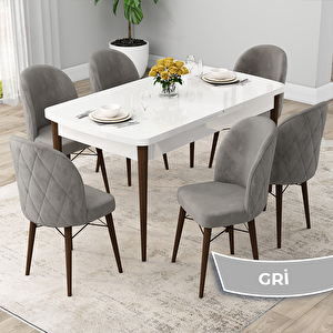 Rut Serisi 80x132 Açılabilir Beyaz Masa Ceviz Ayak Mutfak Masası Takımı Ve 6 Gri Sandalye Gri