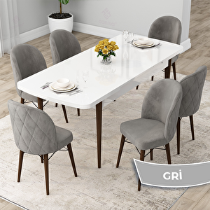 Rut Serisi 80x132 Açılabilir Beyaz Masa Ceviz Ayak Mutfak Masası Takımı Ve 6 Gri Sandalye Gri