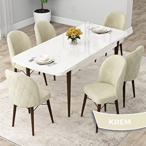 Rut Serisi 80x132 Açılabilir Beyaz Masa Ceviz Ayak Mutfak Masası Takımı Ve 6 Krem Sandalye Krem