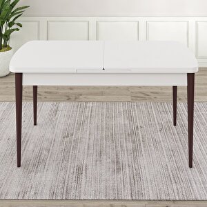 Rut Serisi 80x132 Açılabilir Beyaz Masa Ceviz Ayak Mutfak Masası Takımı Ve 6 Krem Sandalye Krem