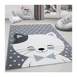 Yuvarlak Çocuk Halısı Sevimli Kedi Ve Yıldız Desenli Gri Mavi Beyaz 120x170 cm