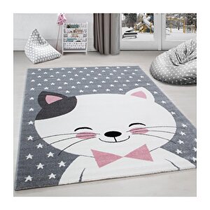 Çocuk Halısı Sevimli Kedi Ve Yıldız Desenli Gri Pembe Beyaz 80x150 cm