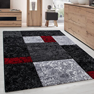 Modern Desenli Oymalı Halı Kareli Tasarım Siyah Kırmızı Gri 120x170 cm