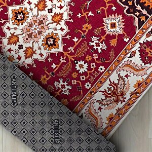 Klasik İran Tarzı Barok Desenli Kırmızı Krem Halı Kaymaz Taban Makinada Yıkanabilir 80x50 cm