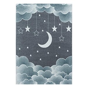 Çocuk Bebek Odası Halısı Bulut Ay Yıldız Desenli Mavi Gri Tonlarda 80x150 cm