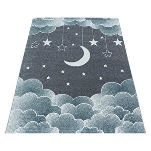 Çocuk Bebek Odası Halısı Bulut Ay Yıldız Desenli Mavi Gri Tonlarda 80x150 cm